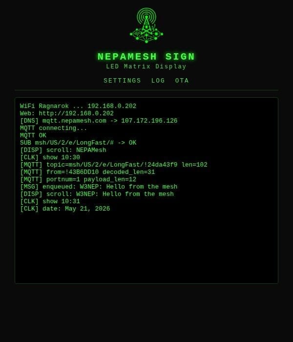 Web interface log page showing live debug output