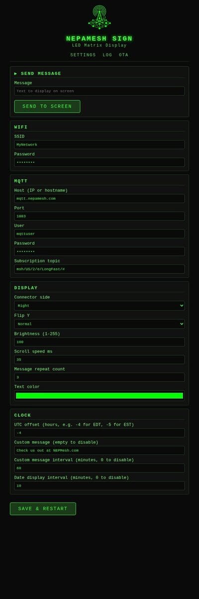 Web interface settings page showing WiFi, MQTT, Display, and Clock sections