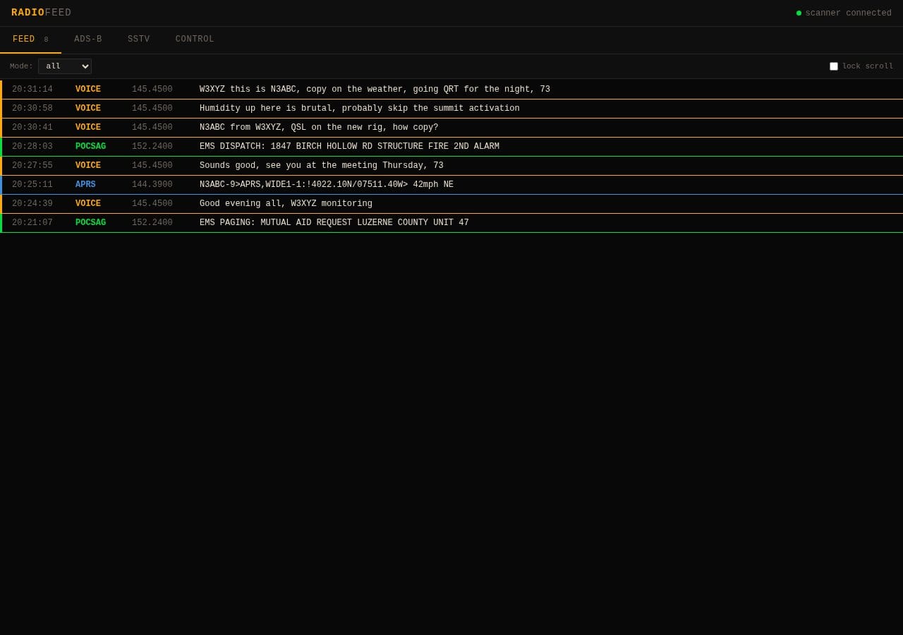 RadioFeed web UI showing live voice, POCSAG, and APRS events