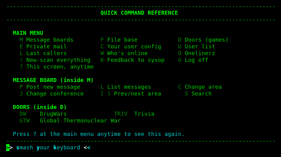 Thinkleet BBS quick command reference screen listing main menu commands, message board commands, and door game commands