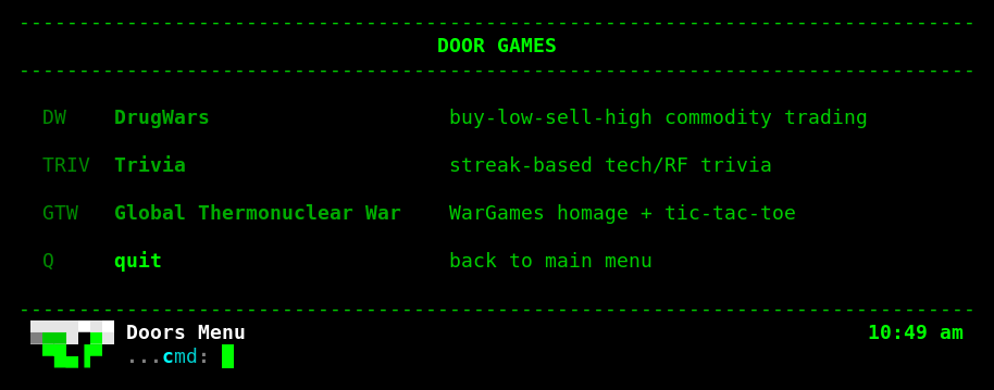 Thinkleet BBS door games menu listing DrugWars, Trivia, and Global Thermonuclear War