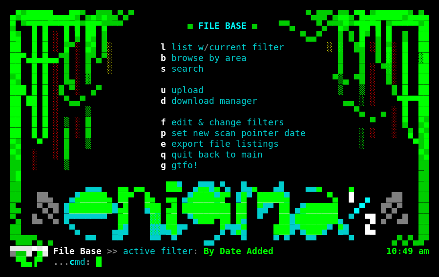 Thinkleet BBS file base menu showing upload, download, browse, and search options