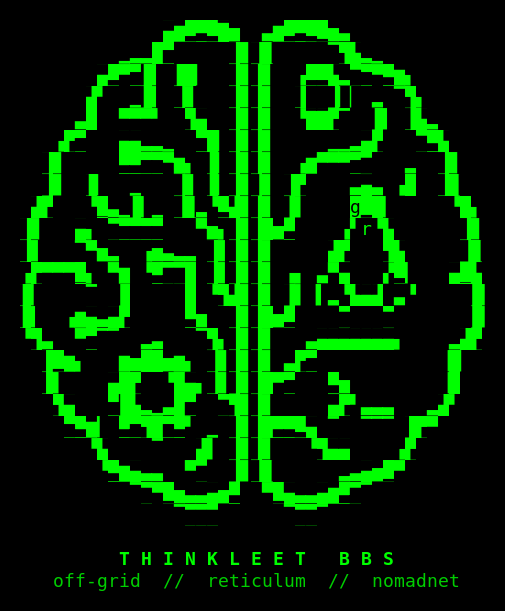Thinkleet BBS welcome screen showing a green ASCII art PCB-brain logo on black background, with the text THINKLEET BBS and the tagline off-grid // reticulum // nomadnet