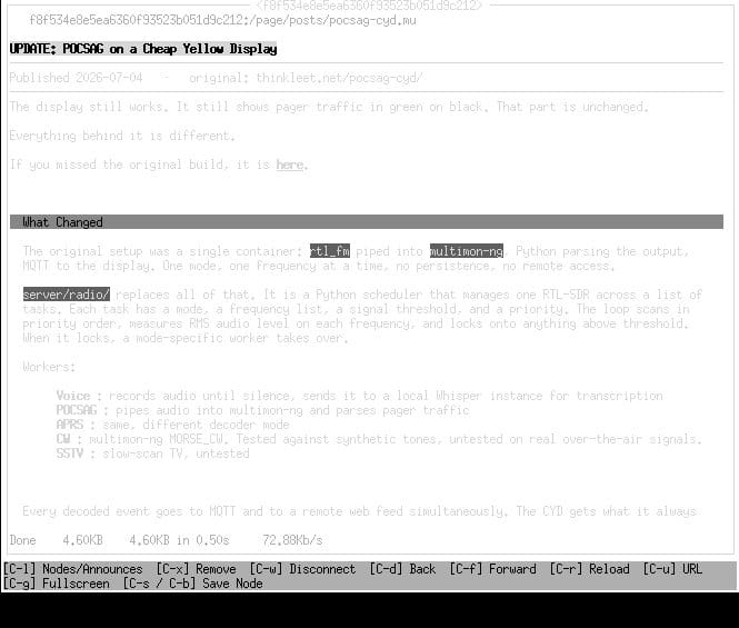 The POCSAG Cheap Yellow Display update post rendered in NomadNet from Micron markup, with a bold title, publish date, and formatted section headings