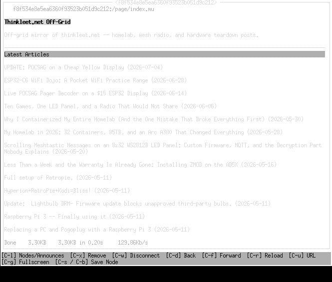 Terminal window showing NomadNet connected to Thinkleet.net Off-Grid over Reticulum, rendering its index page with a list of mirrored articles